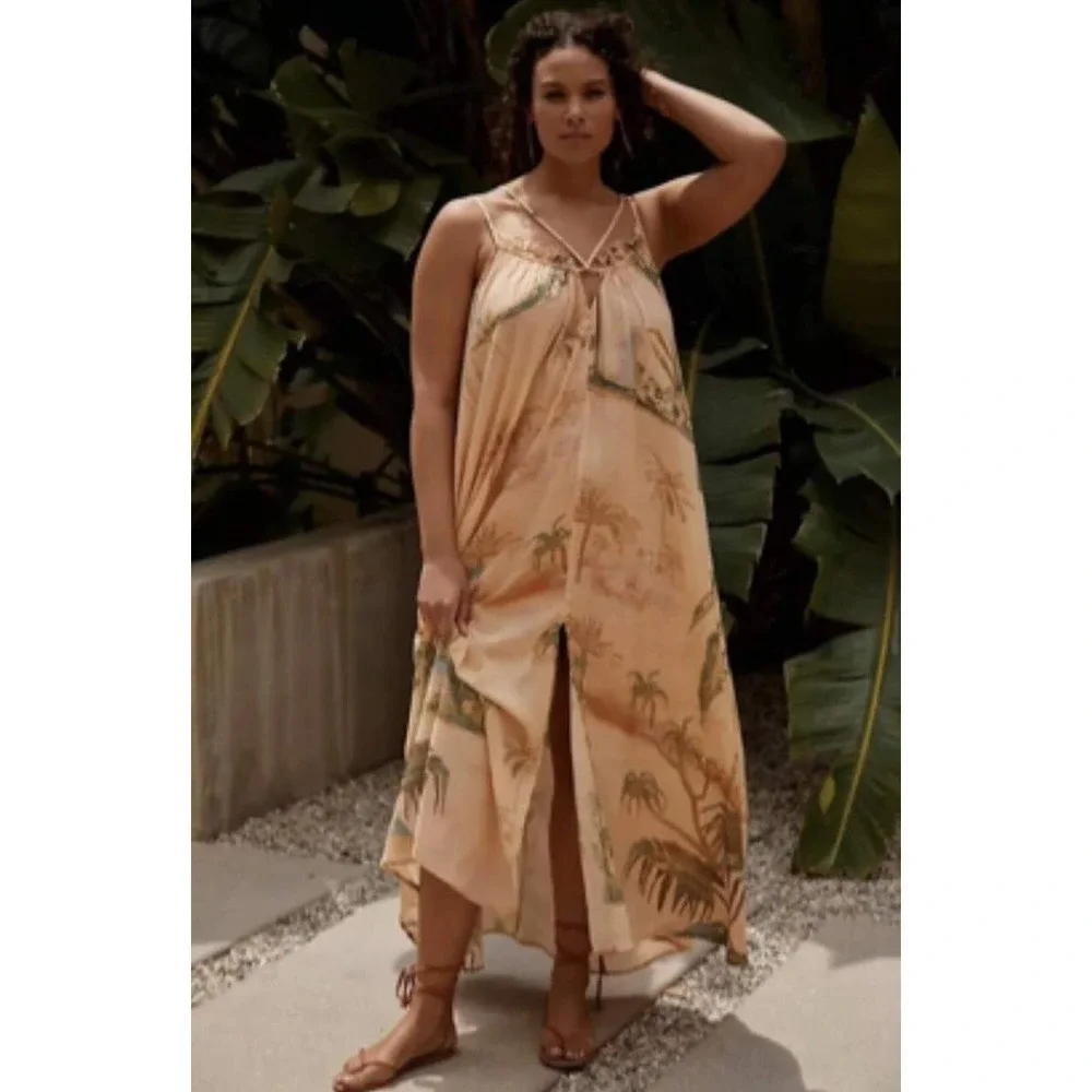Tahnee Kelland for Anthropologie Strappy Midi Dress XS Tropical Palm Print Boho - Picture 3 of 8